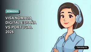 Ilustración plana vectorial de una trabajadora remota con blusa azul y pelo corto, comparando visas digitales de España y Portugal, fondo degradado suave.