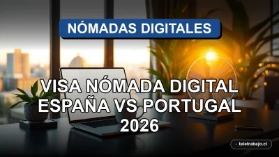 Comparativa visual entre la Visa Nómada Digital de España y Portugal para 2026, mostrando un escritorio moderno en un entorno de lujo.