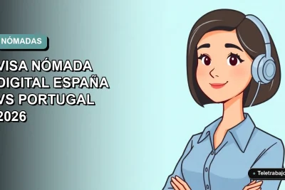 Ilustración plana vectorial de una trabajadora remota con blusa azul y pelo corto, comparando visas digitales de España y Portugal, fondo degradado suave.