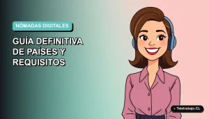 Ilustración vectorial plana de una trabajadora remota feliz junto a un escritorio moderno, sobre un fondo degradado azul verdoso, representando la visa nómada digital.