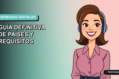 Ilustración vectorial plana de una trabajadora remota feliz junto a un escritorio moderno, sobre un fondo degradado azul verdoso, representando la visa nómada digital.