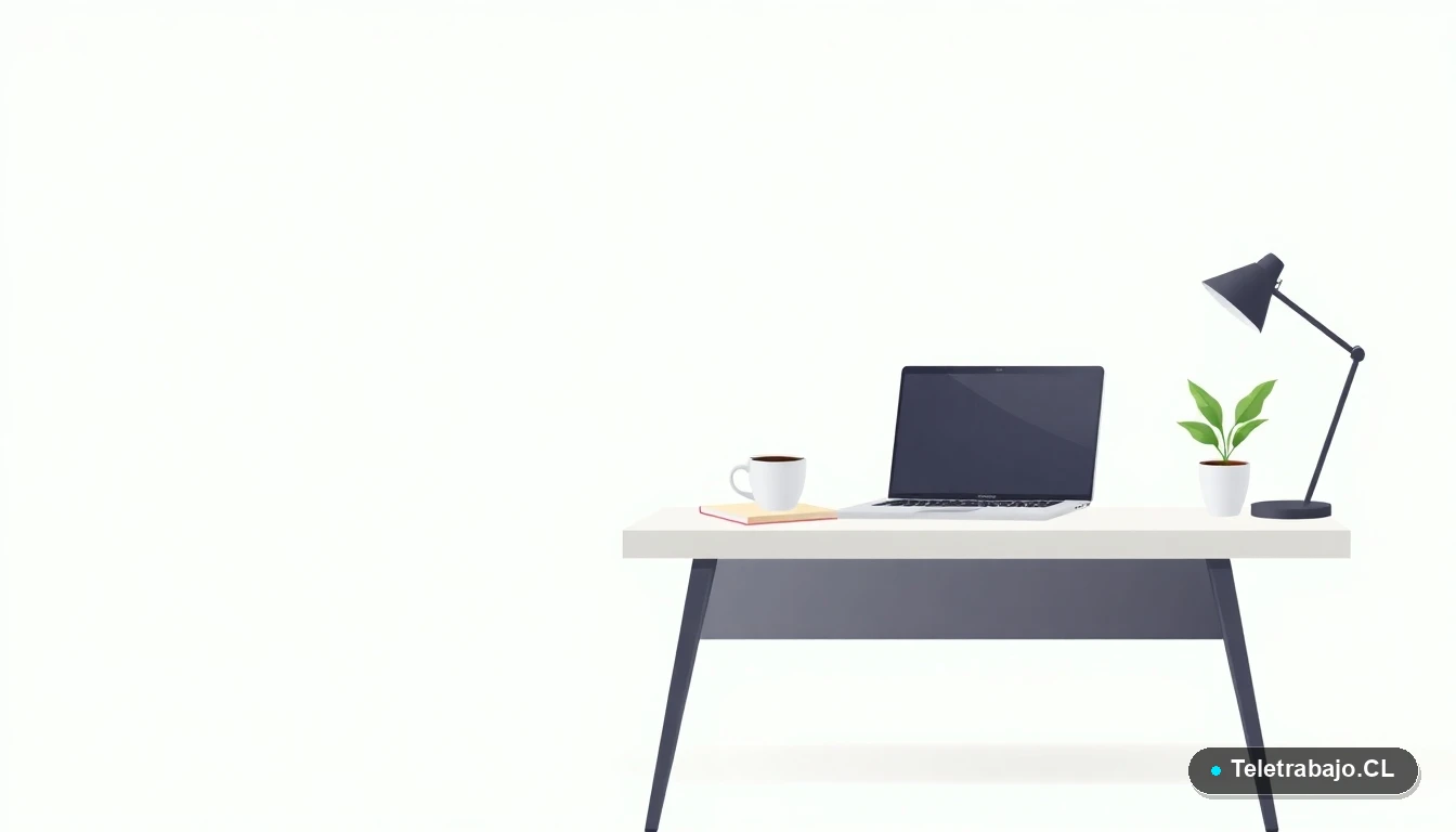 Escritorio de trabajo nómada digital minimalista con laptop, cuaderno, taza de café y planta, ilustración vectorial plana sobre fondo degradado verde menta.