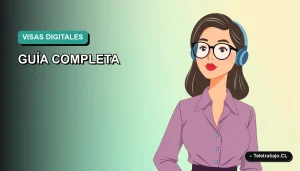 Ilustración vectorial plana de una mujer profesional trabajando de forma remota con su laptop, sobre un fondo degradado azul verdoso, representando la Visa Nómada Digital de Portugal.