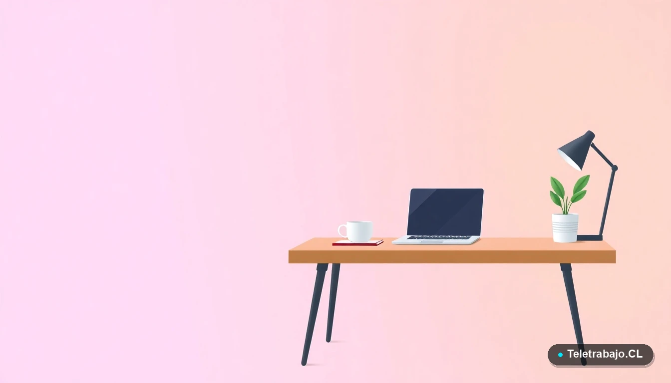 Escritorio moderno minimalista para trabajo remoto con laptop, cuaderno y planta, sobre fondo degradado lila y durazno, concepto de estilo de vida nómada digital.