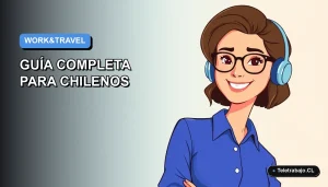 Ilustración plana vectorial de una mujer chilena joven, profesional, con blusa azul y lentes, sonriendo, sobre un fondo degradado azul y blanco, representando la visa Working Holiday para Australia.
