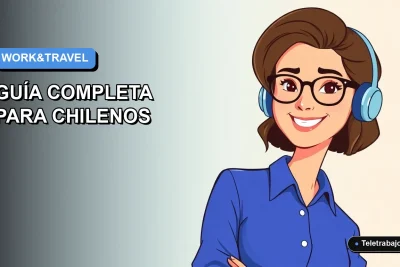 Ilustración plana vectorial de una mujer chilena joven, profesional, con blusa azul y lentes, sonriendo, sobre un fondo degradado azul y blanco, representando la visa Working Holiday para Australia.