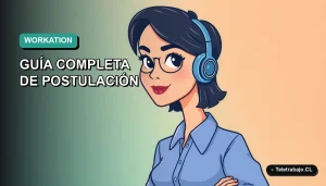 Ilustración plana vectorial de una mujer profesional con blusa azul trabajando desde su laptop, sobre un fondo degradado suave, representando la visa Working Holiday Canadá 2026.