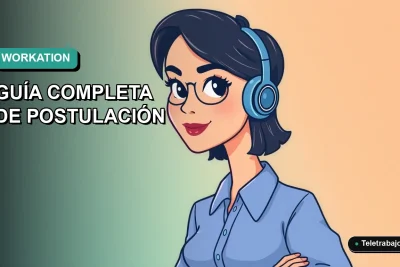 Ilustración plana vectorial de una mujer profesional con blusa azul trabajando desde su laptop, sobre un fondo degradado suave, representando la visa Working Holiday Canadá 2026.