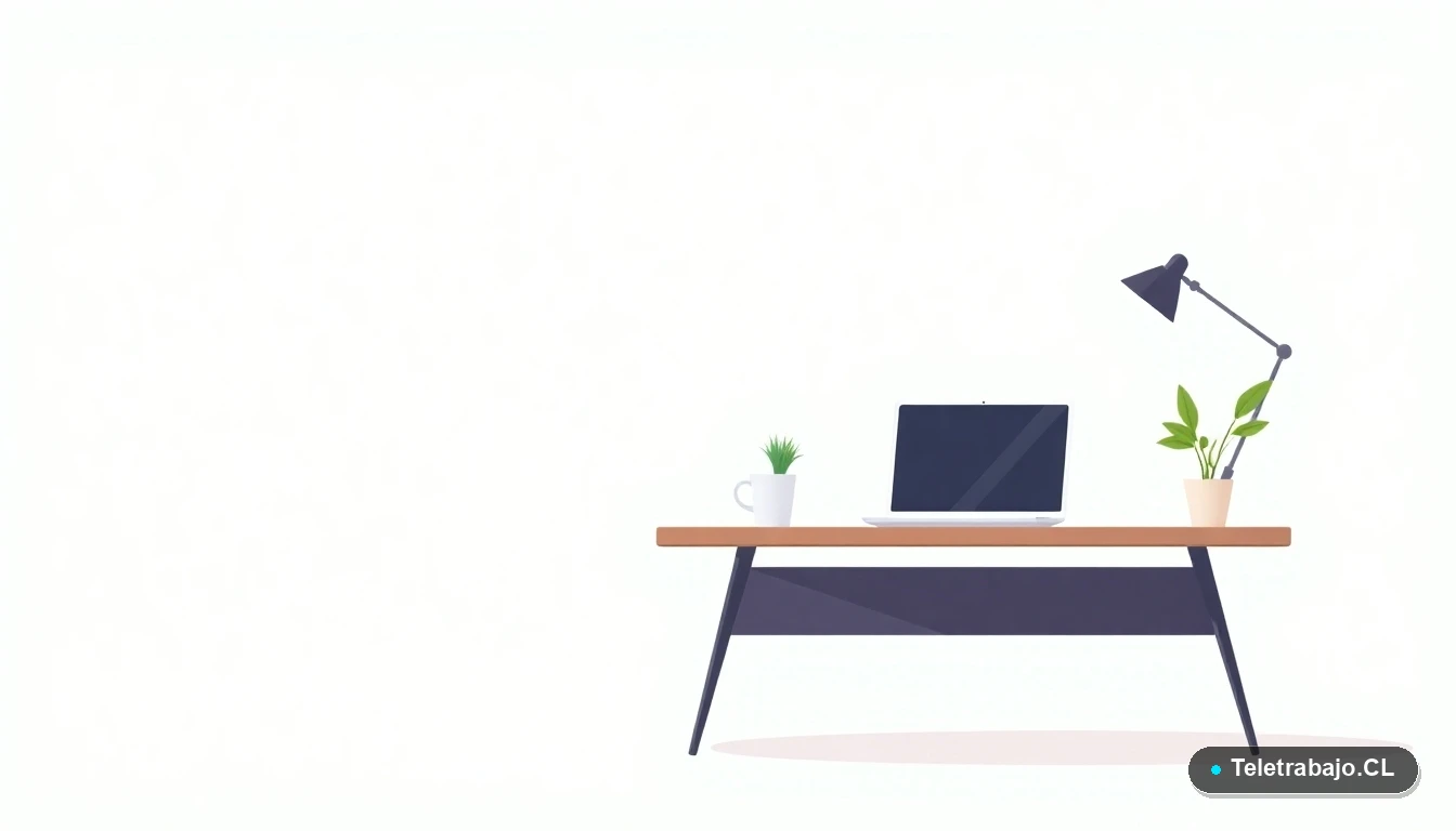 Escritorio moderno minimalista con laptop, taza de café y planta, sobre fondo degradado, concepto de trabajo remoto para visa Working Holiday.