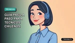 Ilustración plana vectorial de una mujer técnica chilena sonriente, con blusa azul y corte de pelo bob, sobre un fondo degradado suave de color verde azulado. Representa la visa Working Holiday para Canadá 2026.