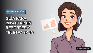 Ilustración plana corporativa de una trabajadora remota sonriente junto a gráficos y un laptop, sobre fondo degradado azul grisáceo.