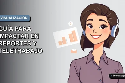 Ilustración plana corporativa de una trabajadora remota sonriente junto a gráficos y un laptop, sobre fondo degradado azul grisáceo.