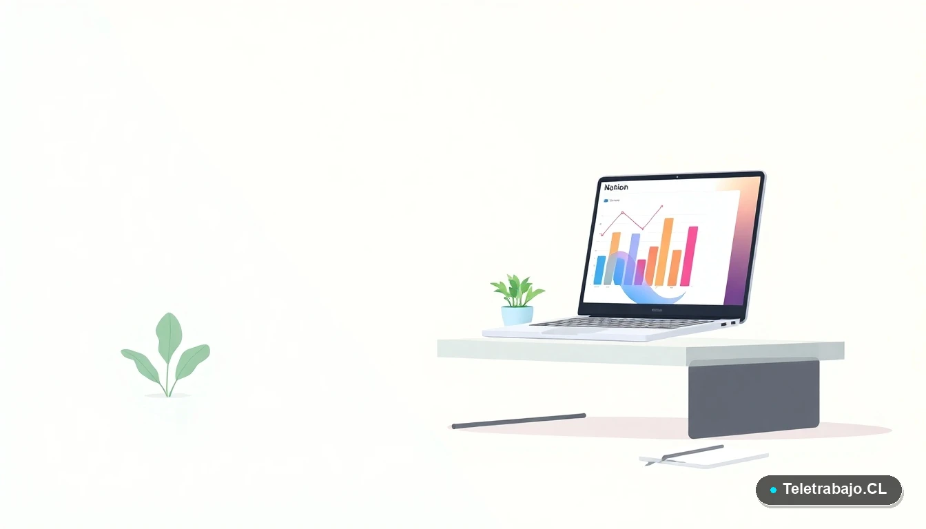 Escritorio moderno minimalista con laptop mostrando gráficos de datos, una planta y cuaderno, ilustración plana sobre fondo degradado verde menta.