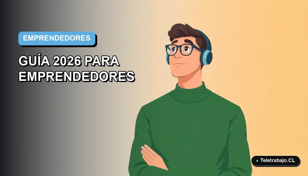 Ilustración vectorial plana de un emprendedor hombre trabajando remoto, comparando viveros de empresas y espacios de coworking en Chile 2026.