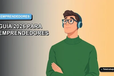 Ilustración vectorial plana de un emprendedor hombre trabajando remoto, comparando viveros de empresas y espacios de coworking en Chile 2026.