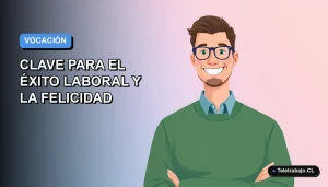 Ilustración plana vectorial de un trabajador remoto masculino sonriente, con suéter verde, sobre un fondo degradado azul y lila. Espacio negativo a la izquierda.