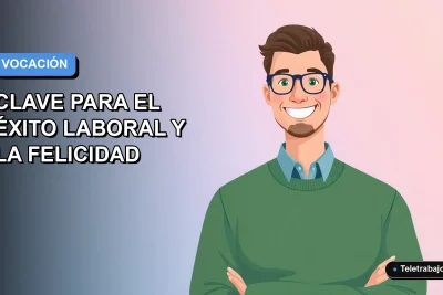 Ilustración plana vectorial de un trabajador remoto masculino sonriente, con suéter verde, sobre un fondo degradado azul y lila. Espacio negativo a la izquierda.