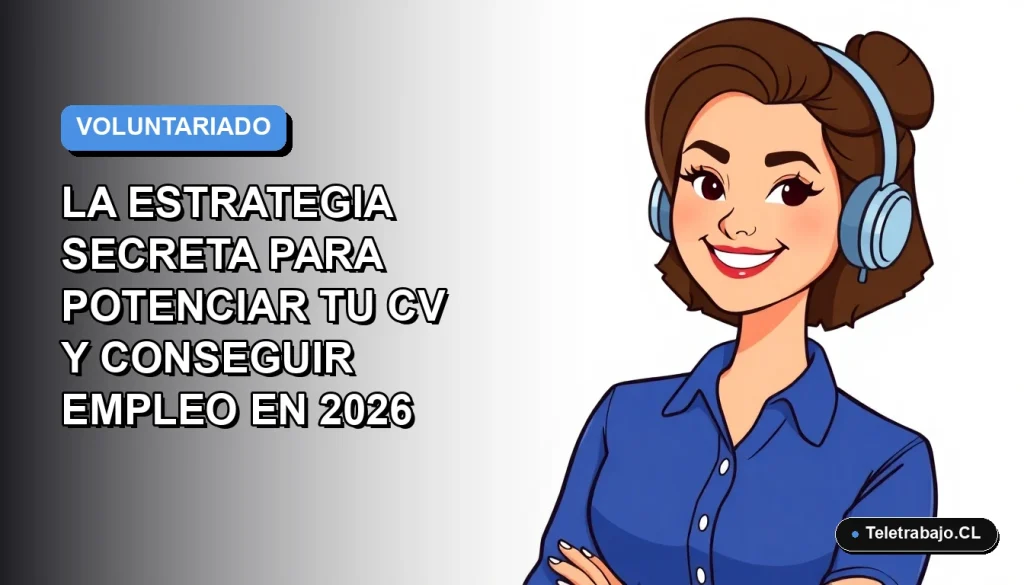 Ilustración plana vectorial de mujer profesional chilena sonriente, con blusa azul, sobre fondo degradado azul y blanco. Concepto de voluntariado y empleo.