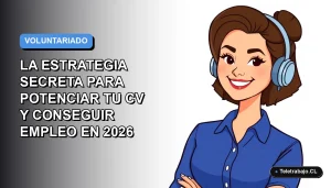 Ilustración plana vectorial de mujer profesional chilena sonriente, con blusa azul, sobre fondo degradado azul y blanco. Concepto de voluntariado y empleo.