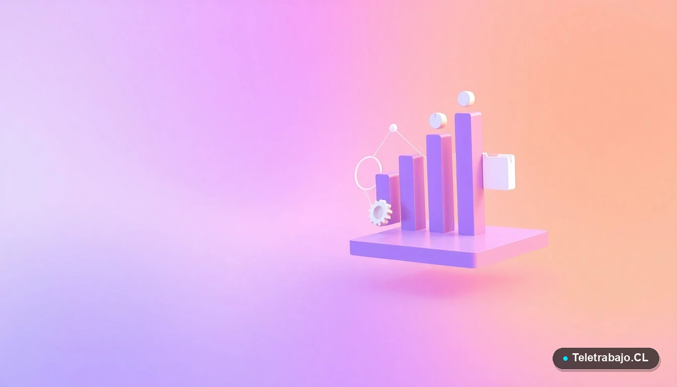 Elementos abstractos de interfaz de usuario: gráficos en ascenso, un engranaje y una carpeta, en estilo ilustración plana con colores lavanda y durazno. Concepto de crecimiento profesional y datos.