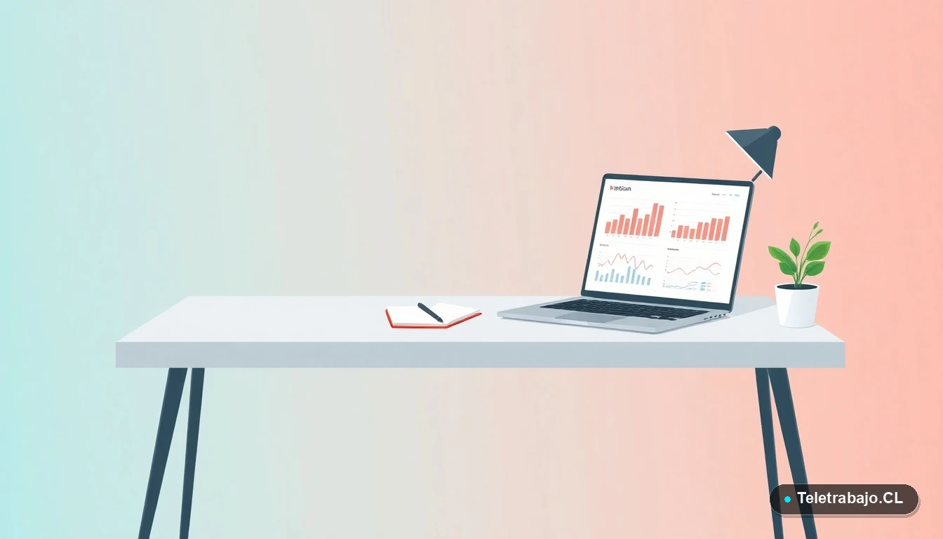 Escritorio moderno minimalista con laptop, gráficos abstractos, taza de café y planta, sobre fondo degradado frío, simbolizando la experiencia laboral única obtenida a través del voluntariado.