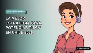 Joven profesional chilena sonriente con estilo de ilustración vectorial plana, sobre fondo degradado azul verdoso, concepto de voluntariado y certificación laboral.