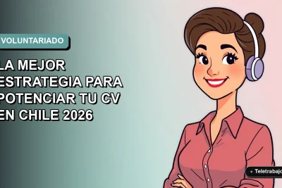 Joven profesional chilena sonriente con estilo de ilustración vectorial plana, sobre fondo degradado azul verdoso, concepto de voluntariado y certificación laboral.