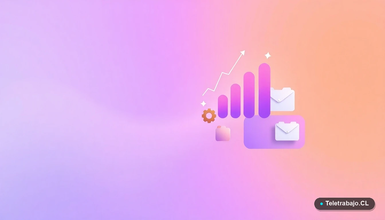 Composición abstracta de elementos de interfaz de usuario tecnológica, con gráficos y engranajes flotantes en estilo de ilustración vectorial plana, sobre fondo degradado melocotón.