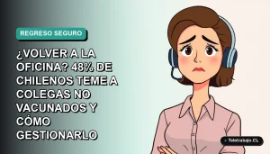 Ilustración plana corporativa de una mujer chilena trabajadora remota con expresión de preocupación, sobre fondo degradado verde azulado. Tema de vacunación y oficina.