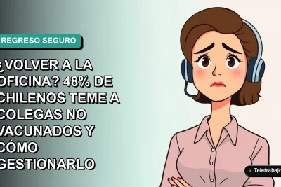 Ilustración plana corporativa de una mujer chilena trabajadora remota con expresión de preocupación, sobre fondo degradado verde azulado. Tema de vacunación y oficina.