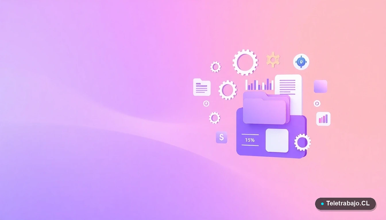 Composición abstracta de interfaz de usuario tecnológica con gráficos flotantes y engranajes, sobre fondo degradado lila. Concepto de gestión y datos corporativos.