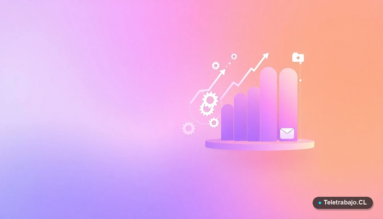 Elementos de interfaz de usuario abstractos: gráficos, engranajes y carpetas flotantes en colores lavanda y durazno, sobre fondo degradado. Concepto de datos y procesos.