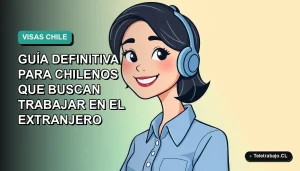 Ilustración plana corporativa de una mujer chilena profesional sonriente, con blusa azul y corte de pelo moderno, sobre un fondo degradado suave de color verde azulado. Representa el éxito de la Visa Work and Holiday.