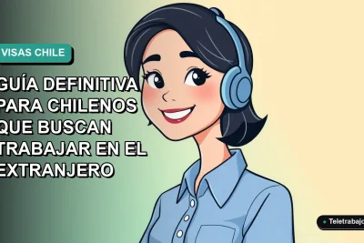Ilustración plana corporativa de una mujer chilena profesional sonriente, con blusa azul y corte de pelo moderno, sobre un fondo degradado suave de color verde azulado. Representa el éxito de la Visa Work and Holiday.