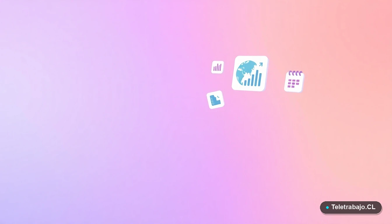 Interfaz de usuario abstracta con gráficos, carpeta de documentos e icono de mapa mundial, sobre un fondo degradado lavanda, representando la planificación de una Visa Work and Holiday.