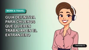 Ilustración plana vectorial de una mujer chilena trabajando de forma remota con laptop, estilo corporativo moderno, fondo degradado azul verdoso.