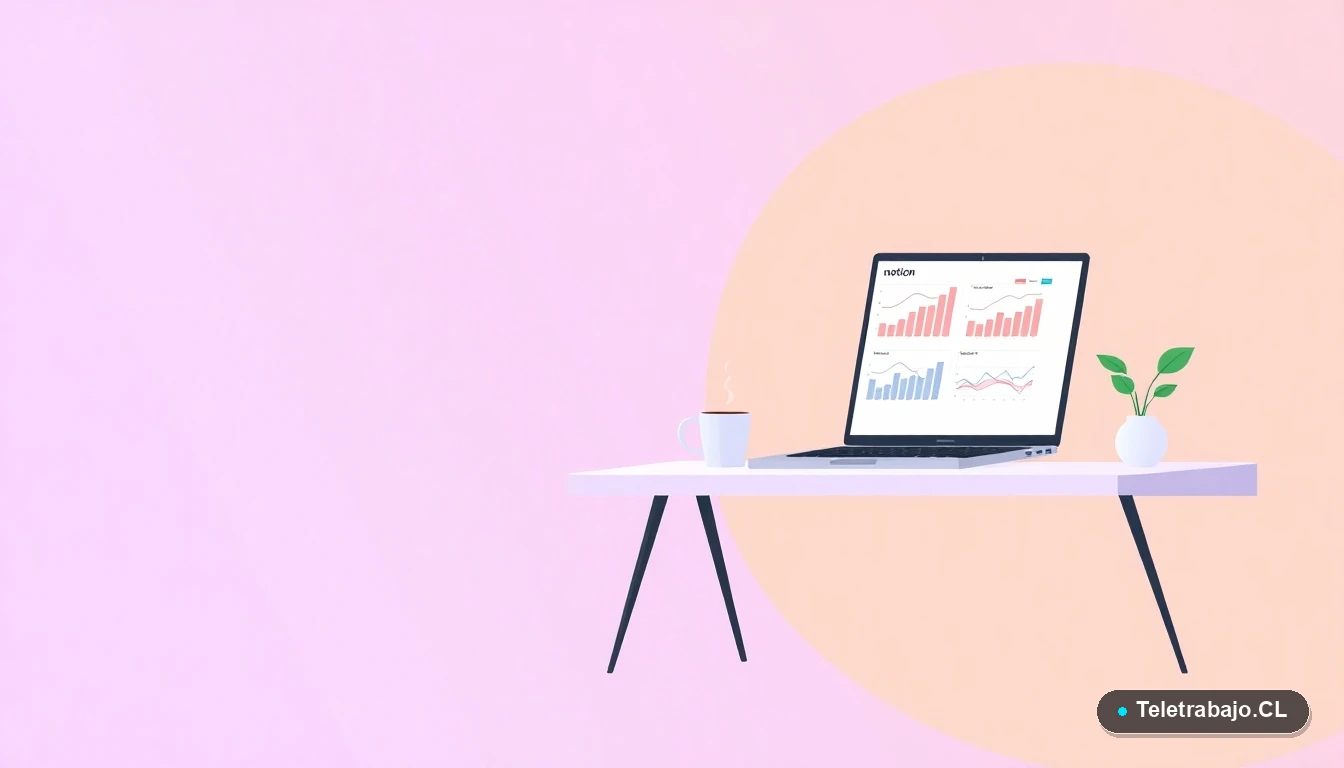 Escritorio moderno minimalista para trabajo remoto con laptop, gráficos abstractos, taza de café y planta, fondo degradado lavanda y durazno.