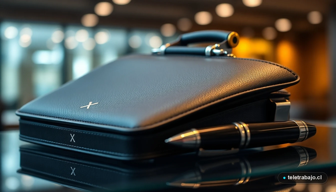 Primer plano detallado de un maletín de cuero negro premium con el logo de X y una pluma fuente de titanio, sobre vidrio.