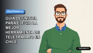 Ilustración vectorial plana de un trabajador remoto masculino con suéter verde y camisa azul, sobre un fondo degradado azul y gris, representando la elección entre herramientas de teletrabajo en Chile.