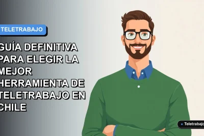 Ilustración vectorial plana de un trabajador remoto masculino con suéter verde y camisa azul, sobre un fondo degradado azul y gris, representando la elección entre herramientas de teletrabajo en Chile.