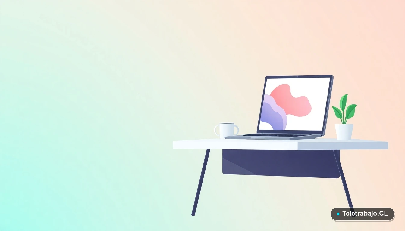 Escritorio moderno minimalista para teletrabajo con laptop, taza de café y planta suculenta, en estilo de ilustración vectorial plana sobre fondo degradado de menta y verde azulado.